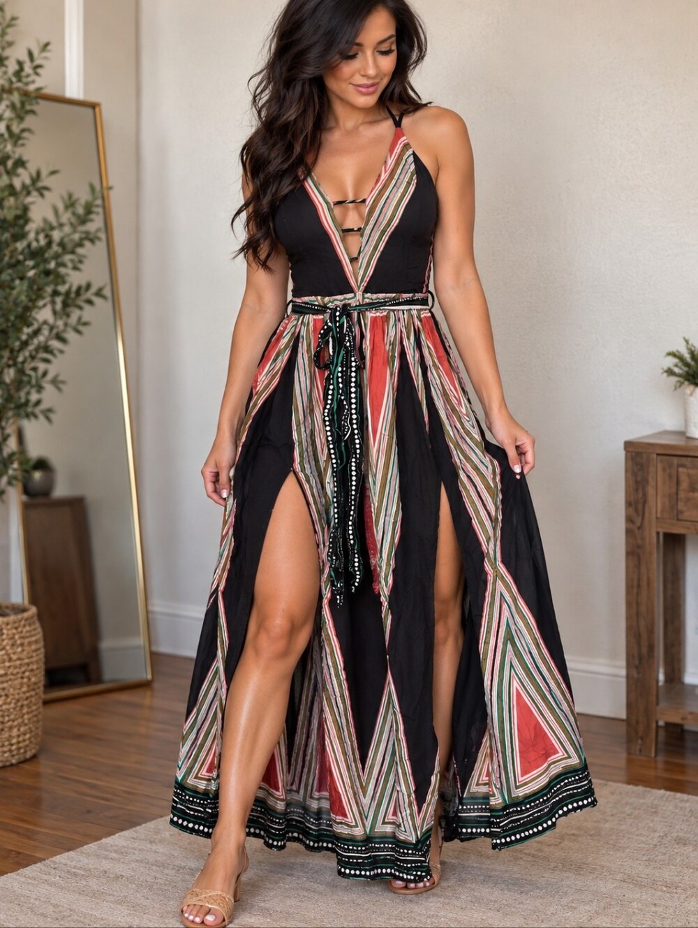 Miss Avenue Black Maxi Dress with Multicolor Geometric Stripes